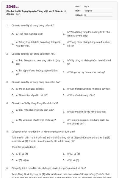 Câu hỏi ôn thi Trạng Nguyên Tiếng Việt lớp 3 Dấu câu có đáp án - Đề 1