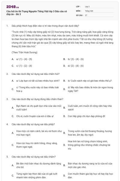 Câu hỏi ôn thi Trạng Nguyên Tiếng Việt lớp 3 Dấu câu có đáp án - Đề 3