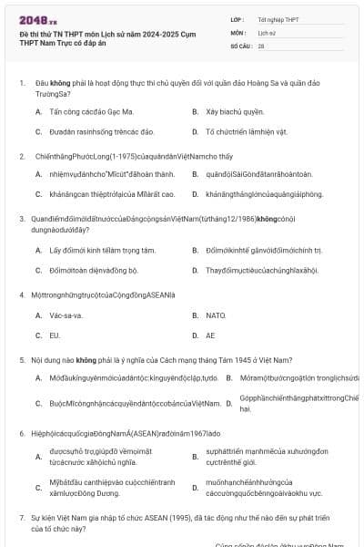 Đề thi thử TN THPT môn Lịch sử năm 2024-2025 Cụm THPT Nam Trực có đáp án