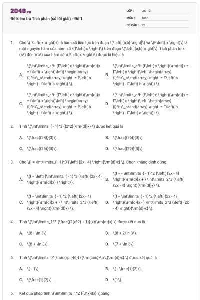 Đề kiểm tra Tích phân (có lời giải) - Đề 1