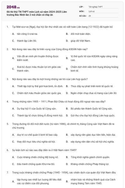 Đề thi thử TN THPT môn Lịch sử năm 2024-2025 Liên trường Bắc Ninh lần 2 mã chẵn có đáp án