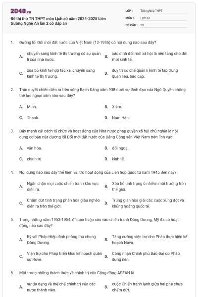 Đề thi thử TN THPT môn Lịch sử năm 2024-2025 Liên trường Nghệ An lần 2 có đáp án