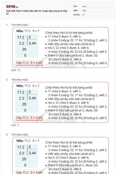 Giải SGK Toán 5 Cánh diều Bài 39. Luyện tập chung có đáp án