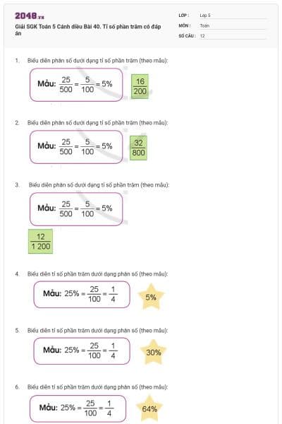 Giải SGK Toán 5 Cánh diều Bài 40. Tỉ số phần trăm có đáp án