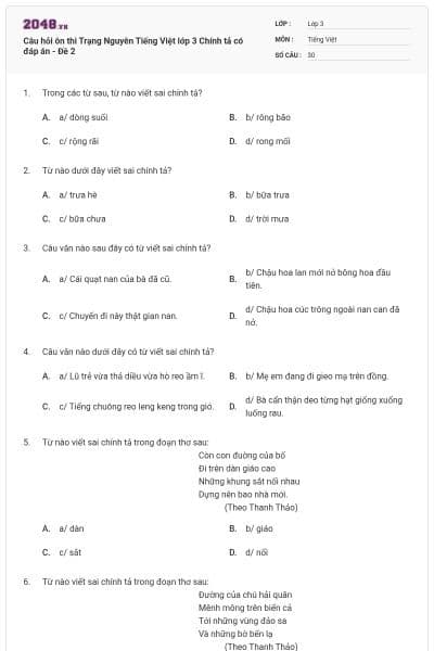 Câu hỏi ôn thi Trạng Nguyên Tiếng Việt lớp 3 Chính tả có đáp án - Đề 2