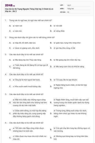 Câu hỏi ôn thi Trạng Nguyên Tiếng Việt lớp 3 Chính tả có đáp án - Đề 3