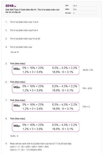Giải SGK Toán 5 Cánh diều Bài 41. Tìm tỉ số phần trăm của hai số có đáp án