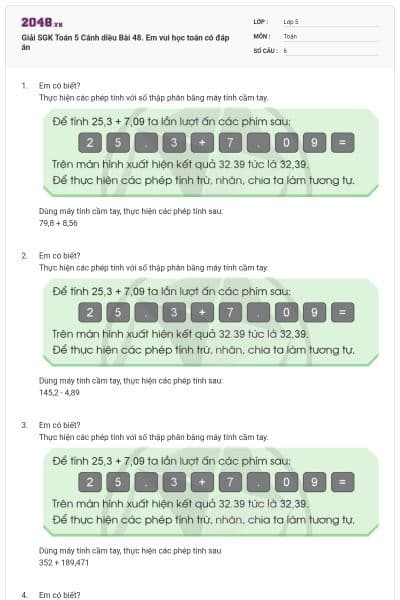 Giải SGK Toán 5 Cánh diều Bài 48. Em vui học toán có đáp án
