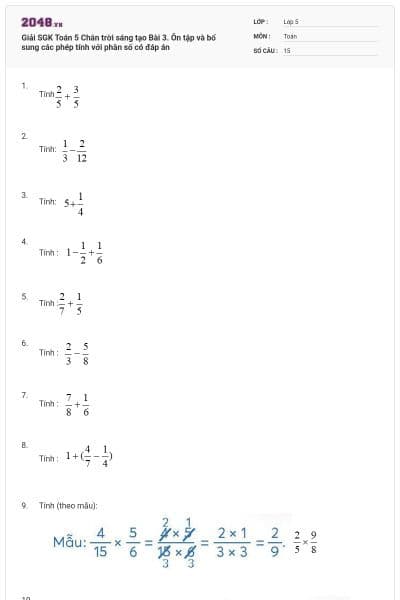 Giải SGK Toán 5 Chân trời sáng tạo Bài 3. Ôn tập và bổ sung các phép tính với phân số có đáp án