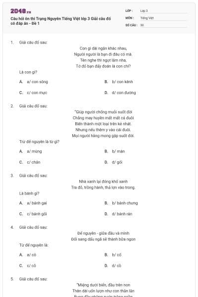 Câu hỏi ôn thi Trạng Nguyên Tiếng Việt lớp 3 Giải câu đố có đáp án - Đề 1