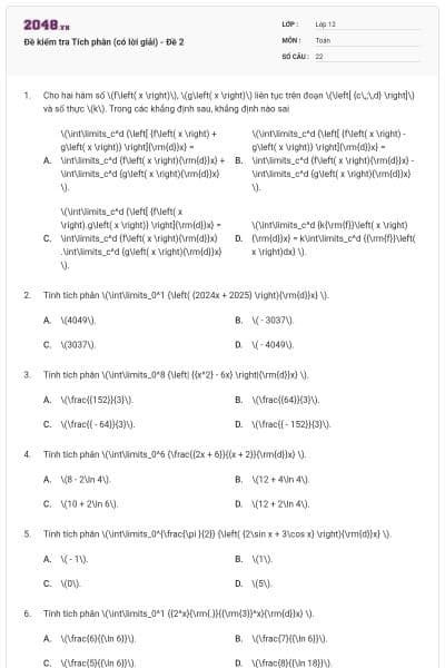 Đề kiểm tra Tích phân (có lời giải) - Đề 2