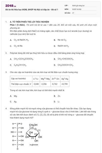 Đề ôn thi Hóa học ĐGNL ĐHSP Hà Nội có đáp án - Đề số 1