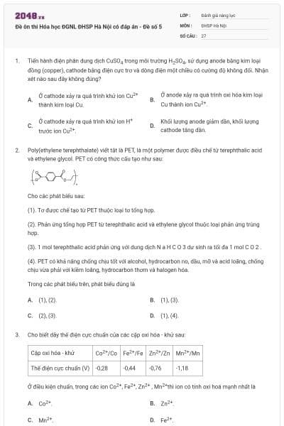 Đề ôn thi Hóa học ĐGNL ĐHSP Hà Nội có đáp án - Đề số 5
