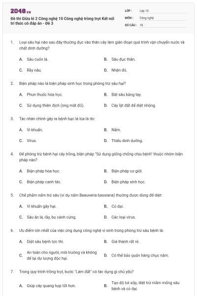 Đề thi Giữa kì 2 Công nghệ 10 Công nghệ trồng trọt Kết nối tri thức có đáp án - Đề 3