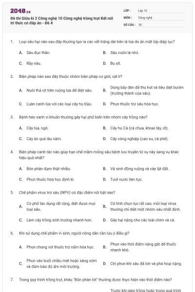 Đề thi Giữa kì 2 Công nghệ 10 Công nghệ trồng trọt Kết nối tri thức có đáp án - Đề 4