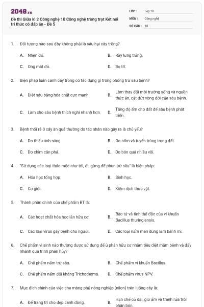 Đề thi Giữa kì 2 Công nghệ 10 Công nghệ trồng trọt Kết nối tri thức có đáp án - Đề 5