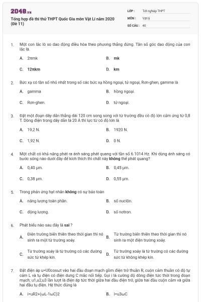 Tổng hợp đề thi thử THPT Quốc Gia môn Vật Lí năm 2020 (Đề 11)