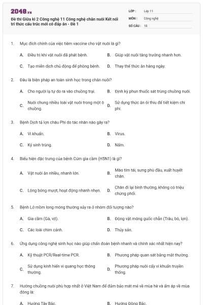 Đề thi Giữa kì 2 Công nghệ 11 Công nghệ chăn nuôi Kết nối tri thức cấu trúc mới có đáp án - Đề 1