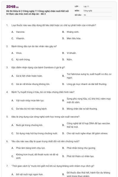 Đề thi Giữa kì 2 Công nghệ 11 Công nghệ chăn nuôi Kết nối tri thức cấu trúc mới có đáp án - Đề 2