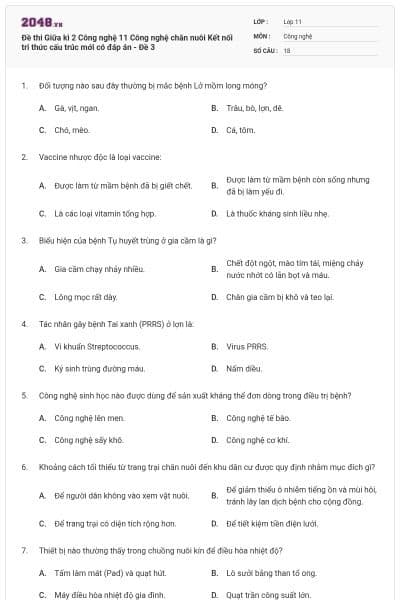 Đề thi Giữa kì 2 Công nghệ 11 Công nghệ chăn nuôi Kết nối tri thức cấu trúc mới có đáp án - Đề 3