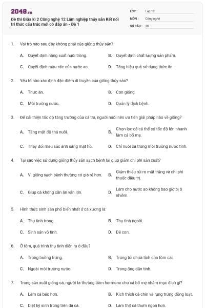 Đề thi Giữa kì 2 Công nghệ 12 Lâm nghiệp thủy sản Kết nối tri thức cấu trúc mới có đáp án - Đề 1