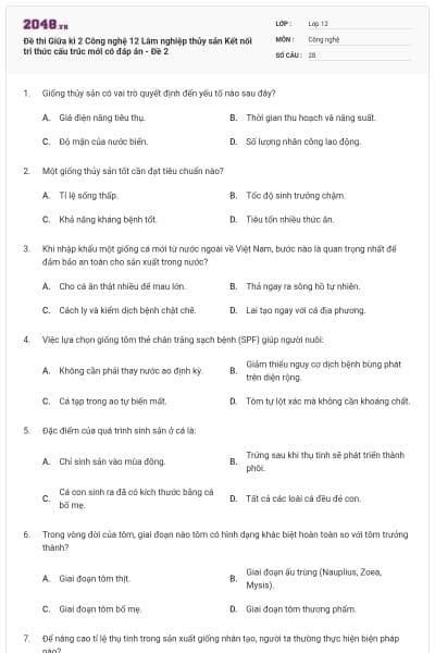 Đề thi Giữa kì 2 Công nghệ 12 Lâm nghiệp thủy sản Kết nối tri thức cấu trúc mới có đáp án - Đề 2