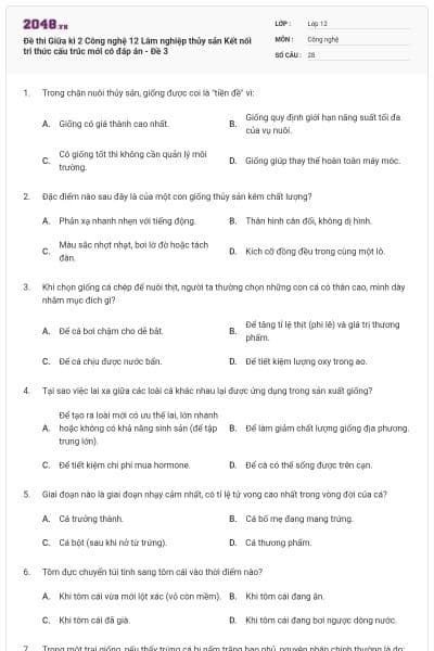 Đề thi Giữa kì 2 Công nghệ 12 Lâm nghiệp thủy sản Kết nối tri thức cấu trúc mới có đáp án - Đề 3