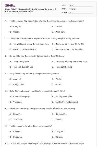 Đề thi Giữa kì 2 Công nghệ 9 Lắp đặt mạng điện trong nhà Kết nối tri thức có đáp án - Đề 3