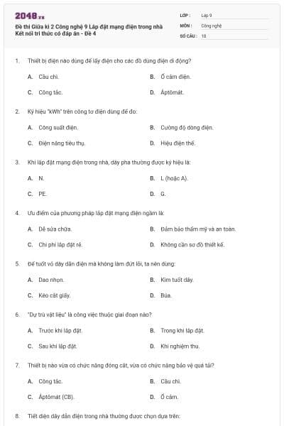 Đề thi Giữa kì 2 Công nghệ 9 Lắp đặt mạng điện trong nhà Kết nối tri thức có đáp án - Đề 4
