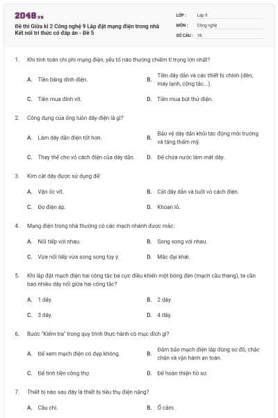 Đề thi Giữa kì 2 Công nghệ 9 Lắp đặt mạng điện trong nhà Kết nối tri thức có đáp án - Đề 5