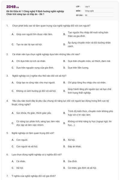 Đề thi Giữa kì 1 Công nghệ 9 Định hướng nghề nghiệp Chân trời sáng tạo có đáp án - Đề 1