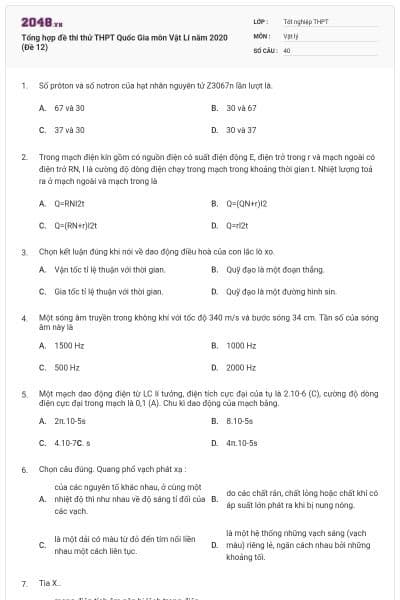 Tổng hợp đề thi thử THPT Quốc Gia môn Vật Lí năm 2020 (Đề 12)