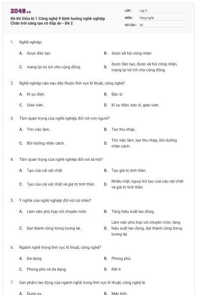 Đề thi Giữa kì 1 Công nghệ 9 Định hướng nghề nghiệp Chân trời sáng tạo có đáp án - Đề 2