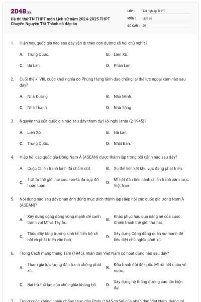 Đề thi thử TN THPT môn Lịch sử năm 2024-2025 THPT Chuyên Nguyễn Tất Thành có đáp án