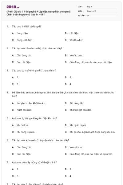 Đề thi Giữa kì 1 Công nghệ 9 Lắp đặt mạng điện trong nhà Chân trời sáng tạo có đáp án - Đề 1