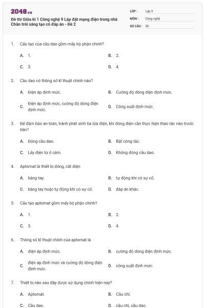 Đề thi Giữa kì 1 Công nghệ 9 Lắp đặt mạng điện trong nhà Chân trời sáng tạo có đáp án - Đề 2