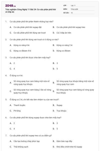 Trắc nghiệm Công Nghệ 11 Bài 24: Cơ cấu phân phối khí có đáp án