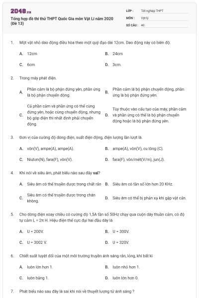 Tổng hợp đề thi thử THPT Quốc Gia môn Vật Lí năm 2020 (Đề 13)