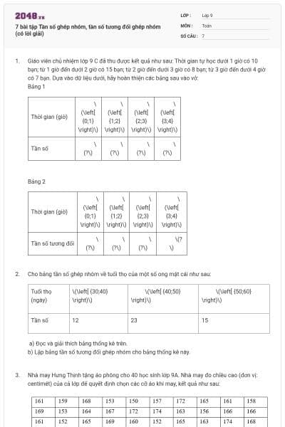 7 bài tập Tần số ghép nhóm, tần số tương đối ghép nhóm (có lời giải)