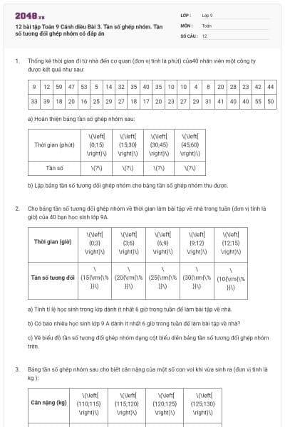 12 bài tập Toán 9 Cánh diều Bài 3. Tần số ghép nhóm. Tần số tương đối ghép nhóm có đáp án