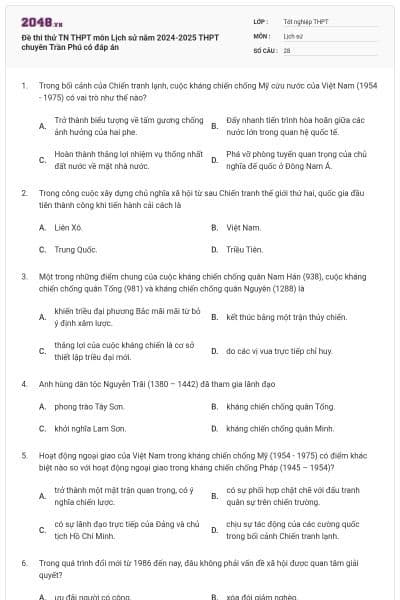 Đề thi thử TN THPT môn Lịch sử năm 2024-2025 THPT chuyên Trần Phú có đáp án
