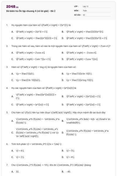 Đề kiểm tra Ôn tập chương 4 (có lời giải) - Đề 2