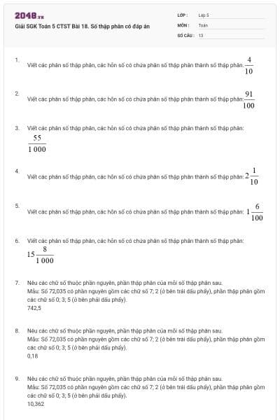 Giải SGK Toán 5 CTST Bài 18. Số thập phân có đáp án