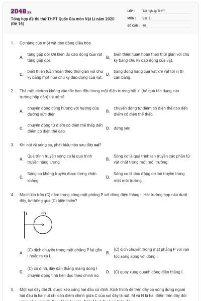 Tổng hợp đề thi thử THPT Quốc Gia môn Vật Lí năm 2020 (Đề 16)