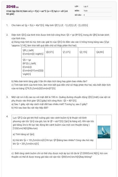 4 bài tập Giá trị hàm số y = f(x) = ax^2 (a ≠ 0) tại x = x0 (có lời giải)