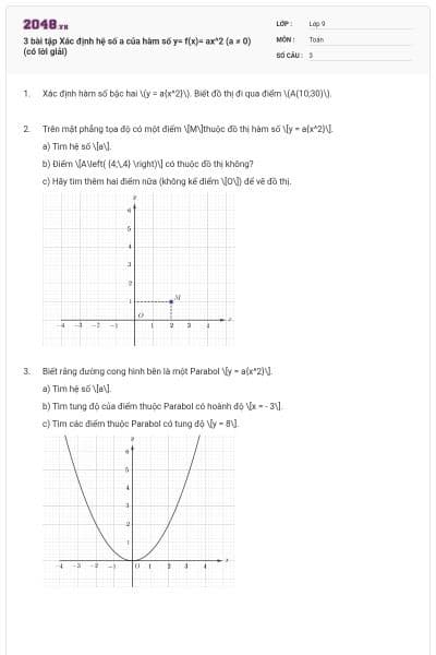 3 bài tập Xác định hệ số a của hàm số y= f(x)= ax^2 (a ≠ 0) (có lời giải)