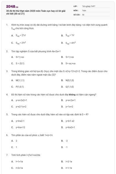 30 đề thi thử thpt năm 2020 môn Toán cực hay có lời giải chi tiết (đề số 21)