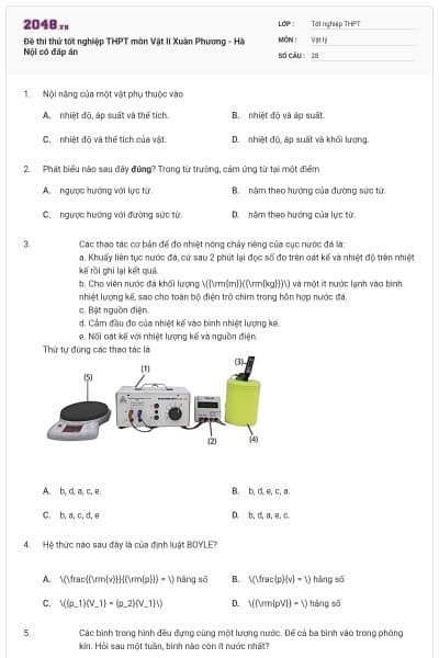 Đề thi thử tốt nghiệp THPT môn Vật lí Xuân Phương - Hà Nội có đáp án