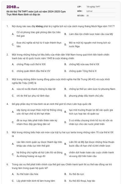 Đề thi thử TN THPT môn Lịch sử năm 2024-2025 Cụm Trực Ninh Nam Định có đáp án
