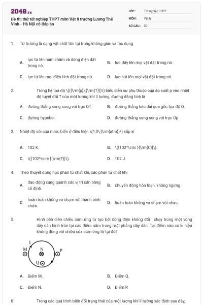 Đề thi thử tốt nghiệp THPT môn Vật lí trường Lương Thế Vinh - Hà Nội có đáp án